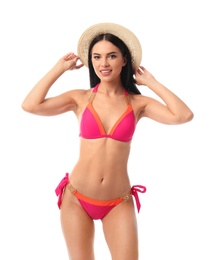 Photo of Beautiful young woman in stylish bikini with hat on white background