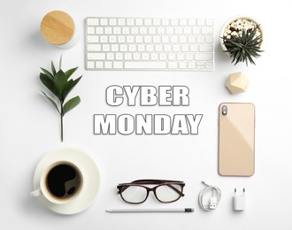 Image of Cyber Monday Sale. Composition with computer keyboard on white background, flat lay