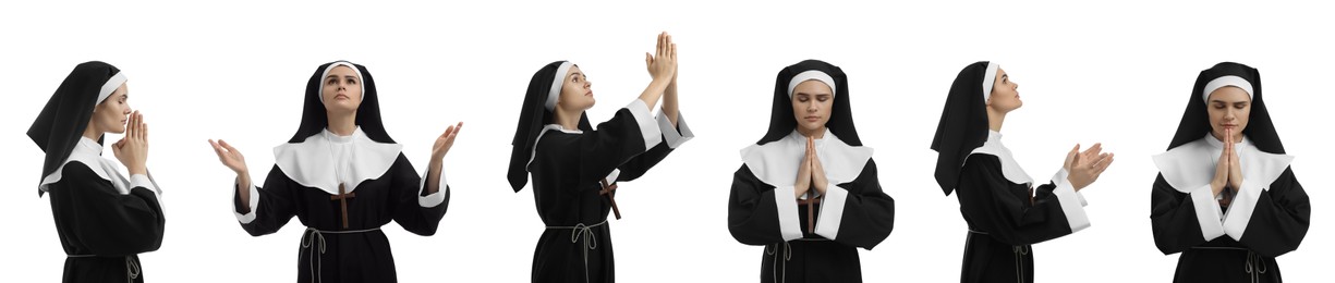 Image of Collage with photos of young nun praying on white background