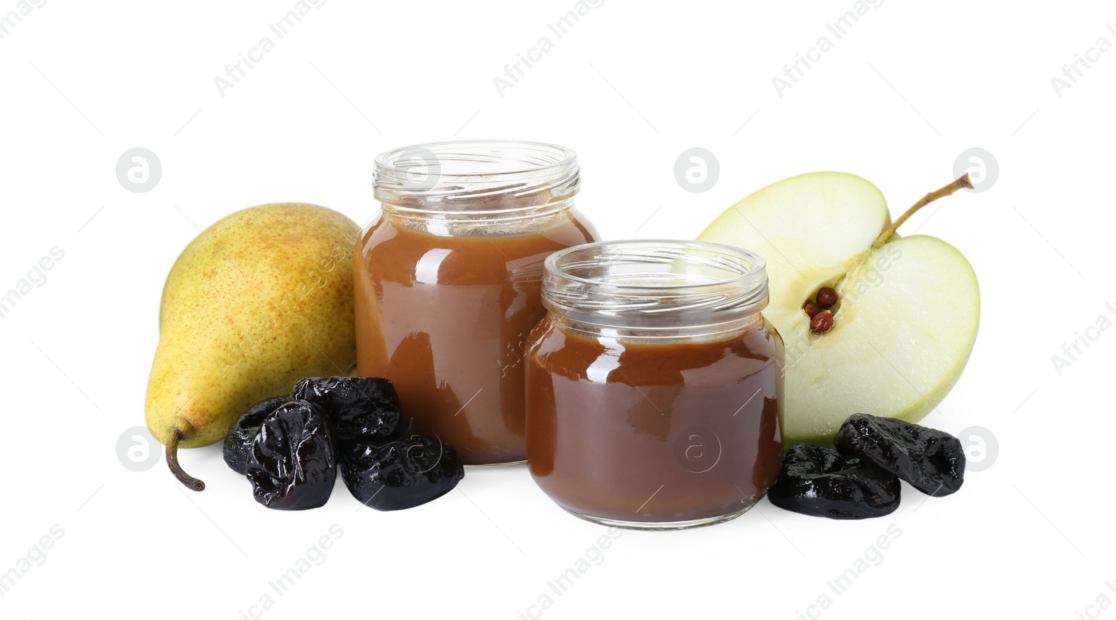 Photo of Jars with healthy baby food, dried prunes, pear and half of apple isolated on white