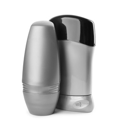 Photo of Natural male deodorants on white background. Skin care