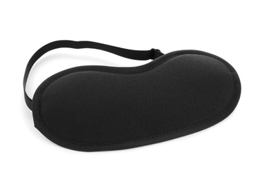 Photo of Black sleeping eye mask isolated on white. Bedtime