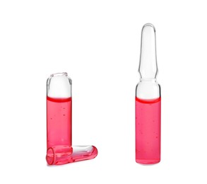 Image of Glass ampoules with pharmaceutical products on white background, collage