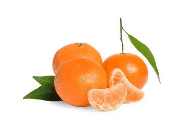 Photo of Fresh ripe juicy tangerines with green leaves isolated on white