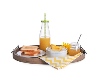 Wooden tray with delicious breakfast and beautiful flower on white background