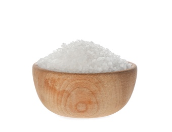 Photo of Wooden bowl with natural salt isolated on white