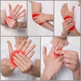 People suffering from rheumatism, closeup. Collage of photos