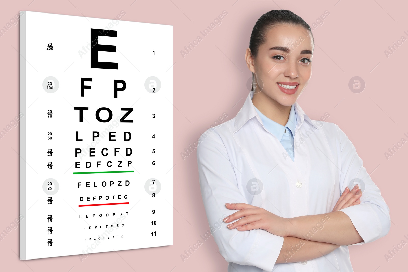 Image of Vision test. Ophthalmologist or optometrist near eye chart, pink background