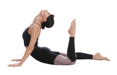 Professional young acrobat exercising on white background