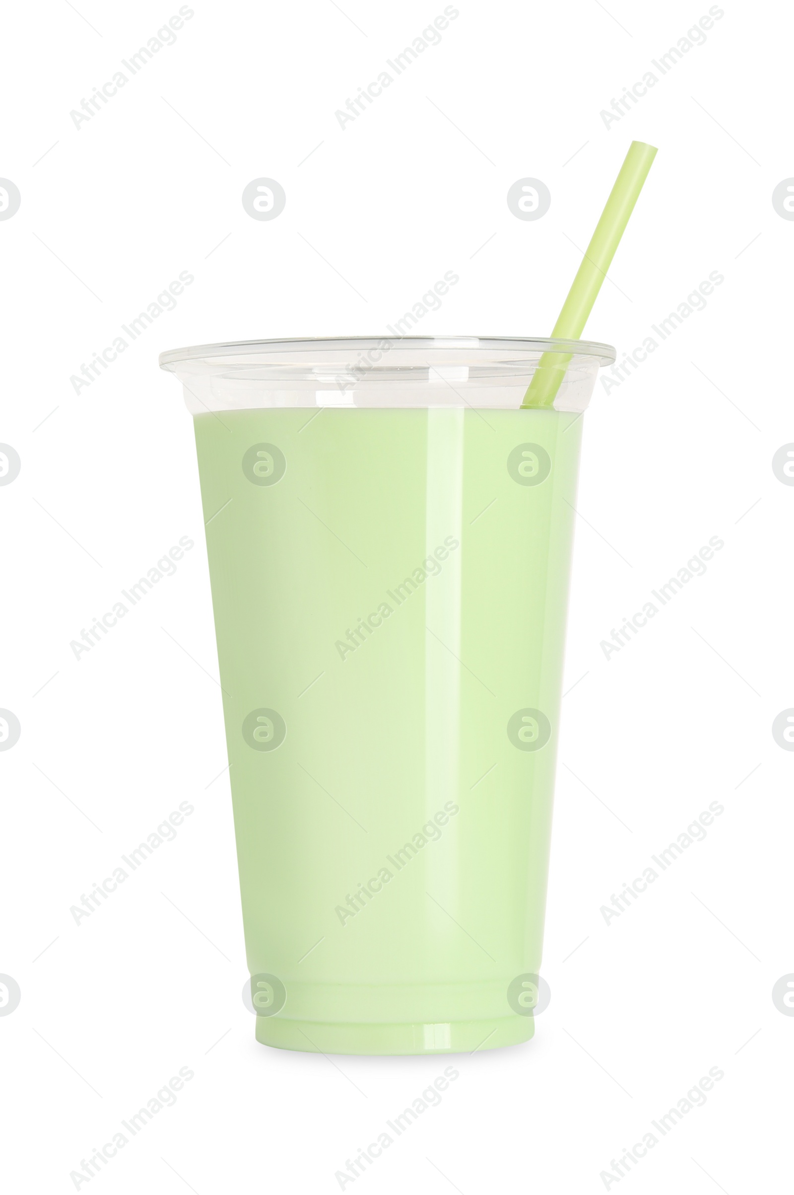 Photo of Delicious smoothie in plastic cup isolated on white