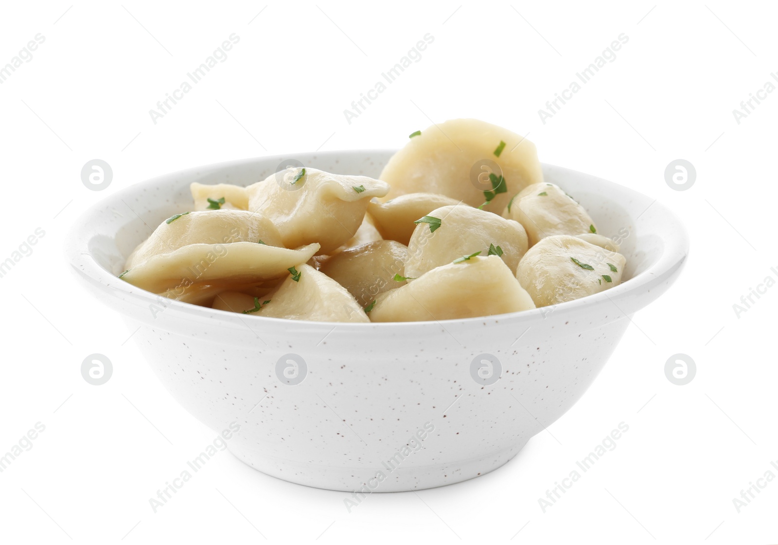 Photo of Bowl of delicious cooked dumplings on white background