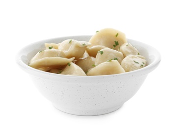 Photo of Bowl of delicious cooked dumplings on white background