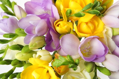 Photo of Bouquet of fresh freesia flowers on white background, top view