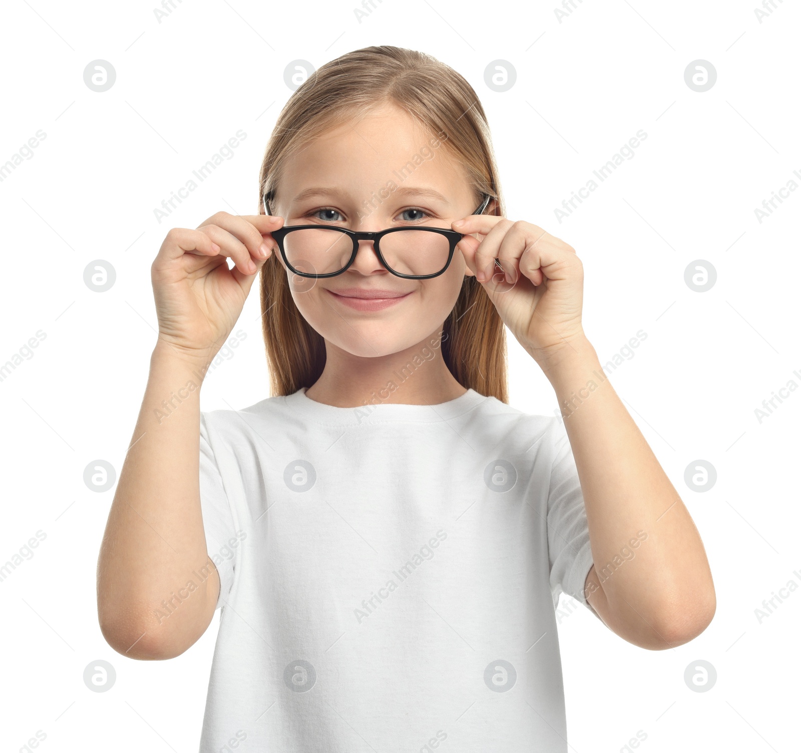 Photo of Portrait of cute girl in glasses on white background