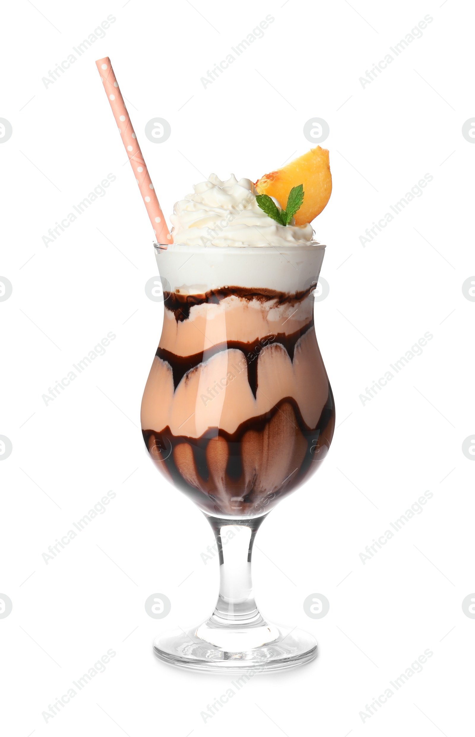 Photo of Glass of tasty milk shake on white background