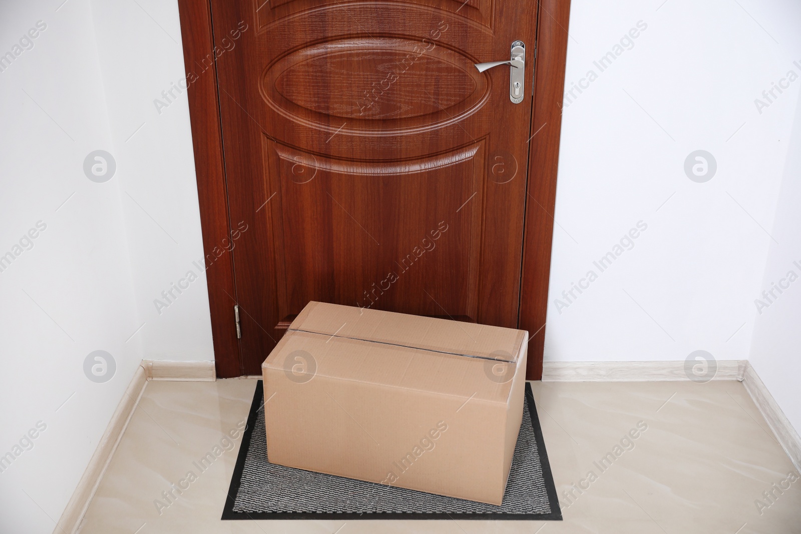 Photo of Cardboard box on rug near door. Parcel delivery service