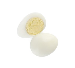 Photo of Peeled hard boiled quail eggs on white background, top view