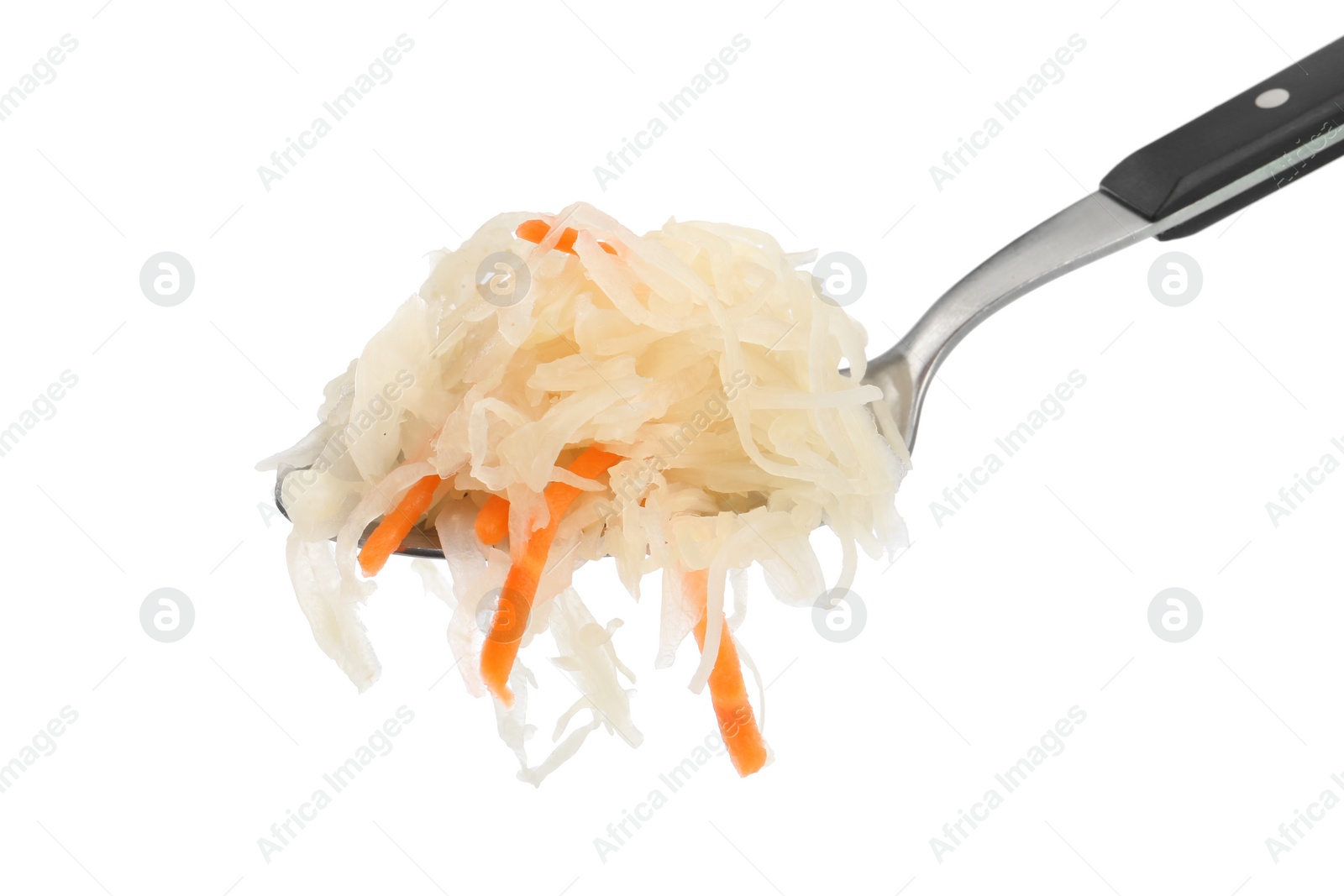 Photo of Spoon of tasty fermented cabbage with carrot on white background