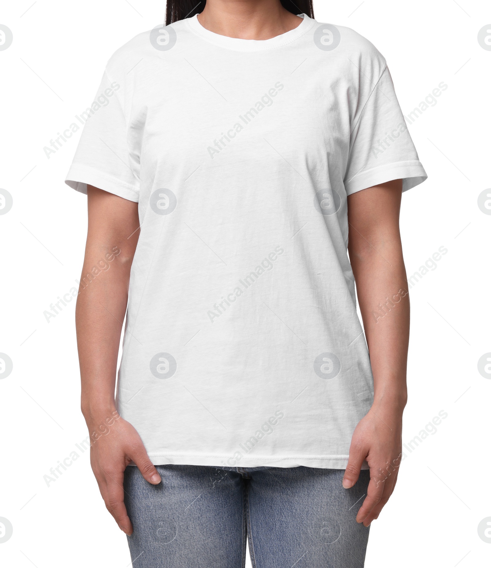 Photo of Woman wearing stylish t-shirt on white background, closeup