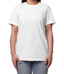 Woman wearing stylish t-shirt on white background, closeup