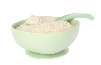 Photo of Dry healthy baby food in bowl on white background