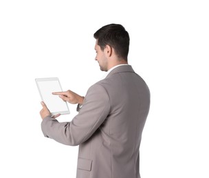 Photo of Man using tablet with blank screen on white background