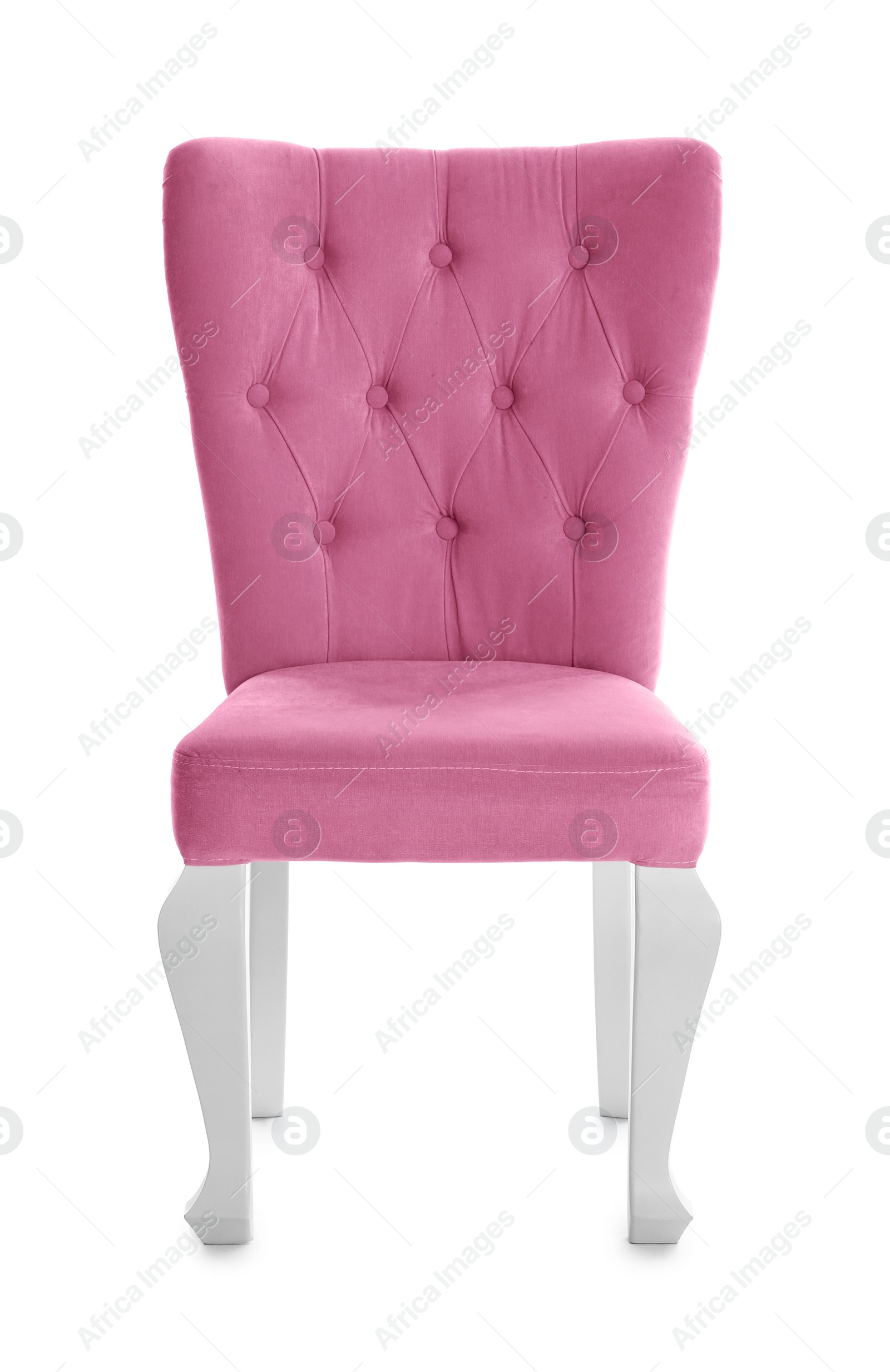 Photo of Stylish pink chair on white background. Element of interior design