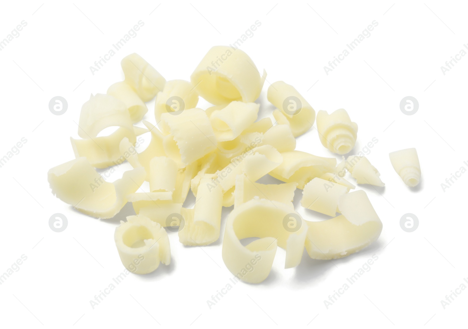 Photo of Pile of tasty chocolate shavings isolated on white