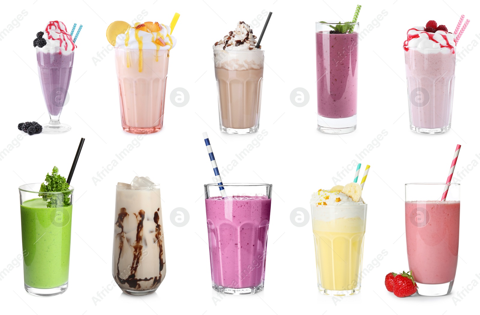 Image of Set of glasses with different protein shakes on white background