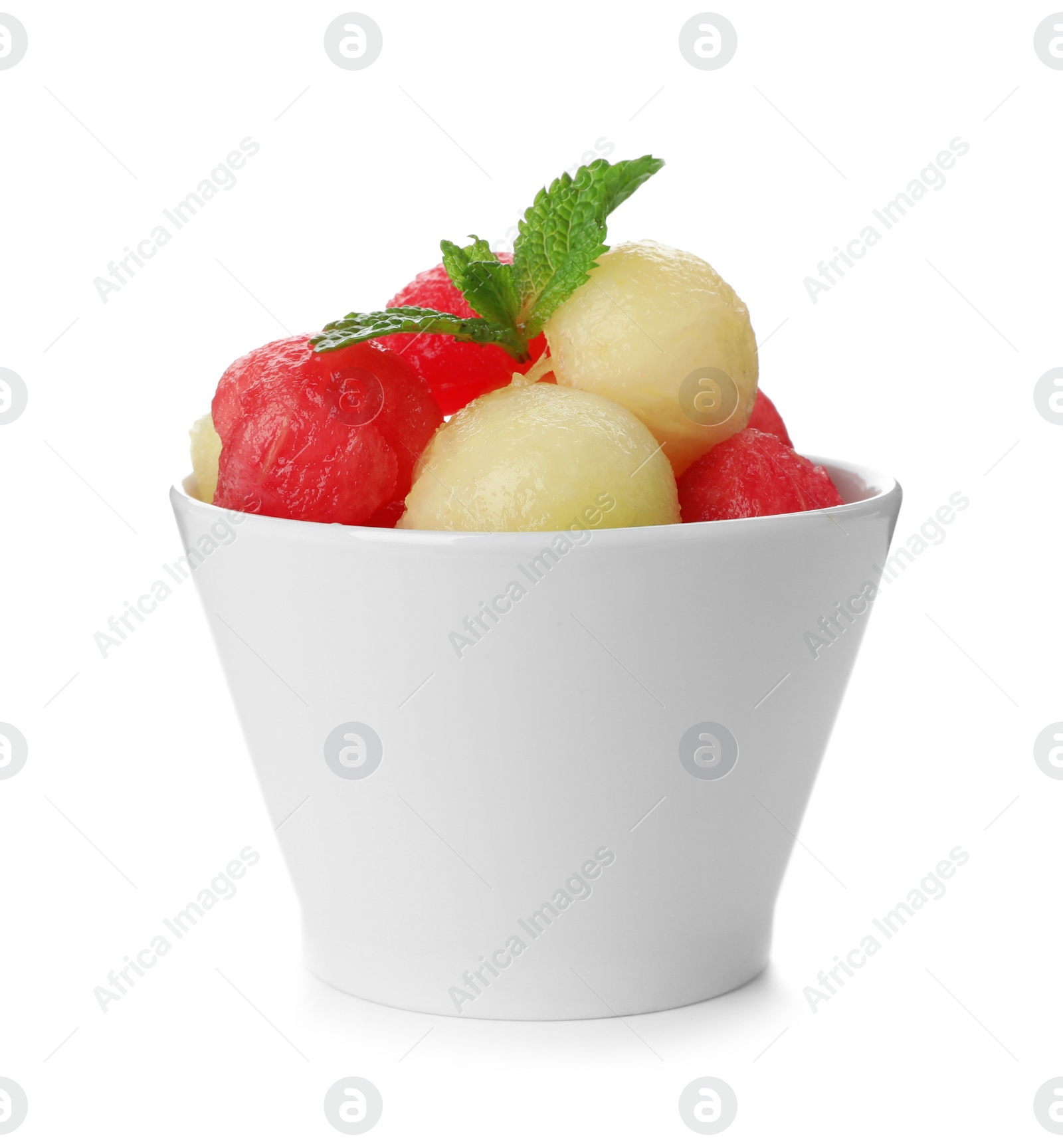 Photo of Bowl with melon and watermelon balls on white background