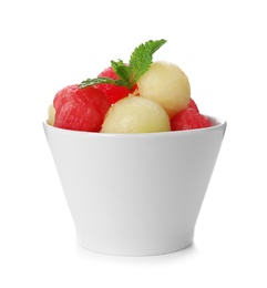 Bowl with melon and watermelon balls on white background