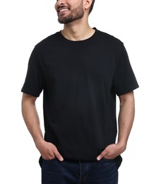 Photo of Smiling man in black t-shirt on white background, closeup