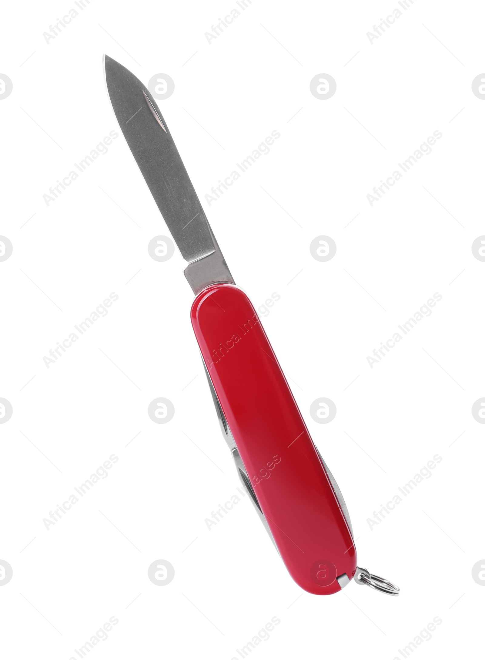 Photo of Compact portable multitool with red handle isolated on white