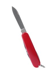 Photo of Compact portable multitool with red handle isolated on white