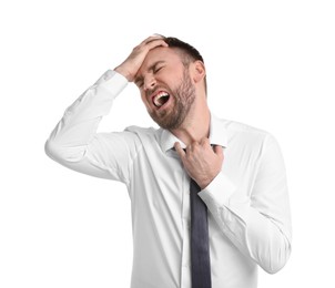 Portrait of emotional businessman on white background. Personality concept