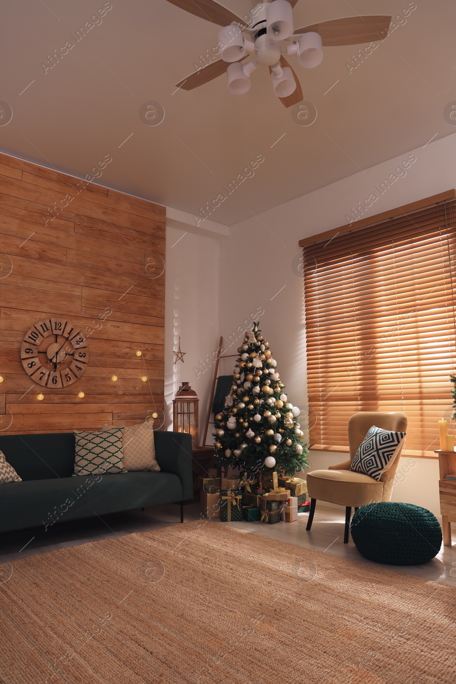 Photo of Spacious and cozy room interior with Christmas tree