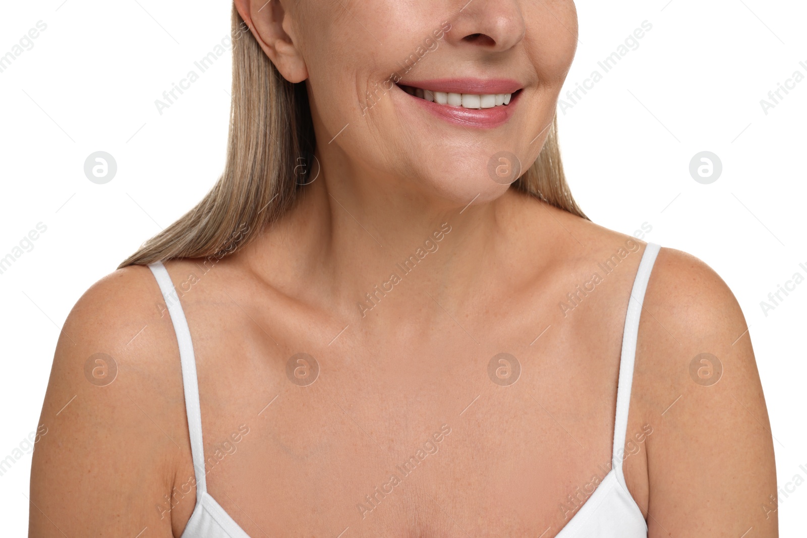 Photo of Mature woman with healthy skin on white background, closeup