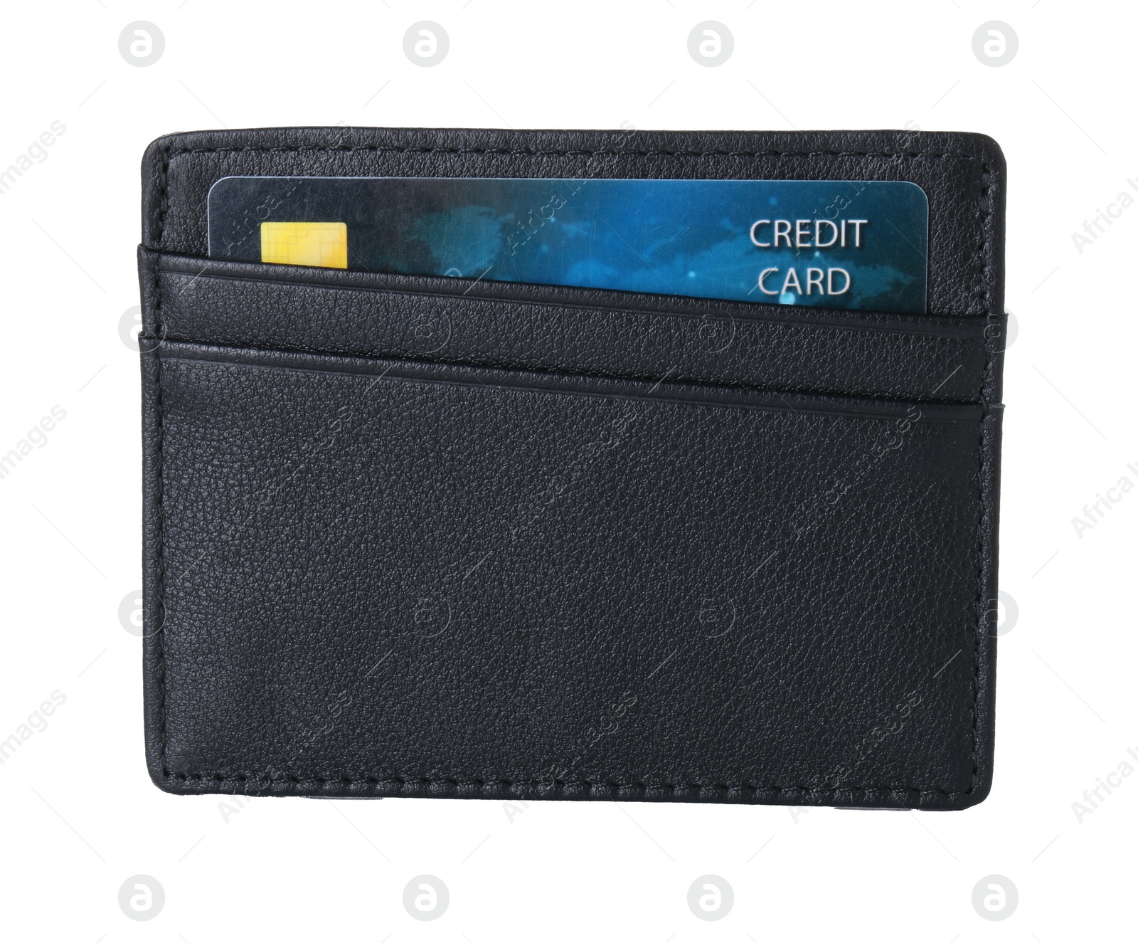 Photo of Black card holder with plastic credit cards isolated on white