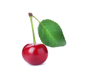 Photo of Sweet red juicy cherry with leaf isolated on white