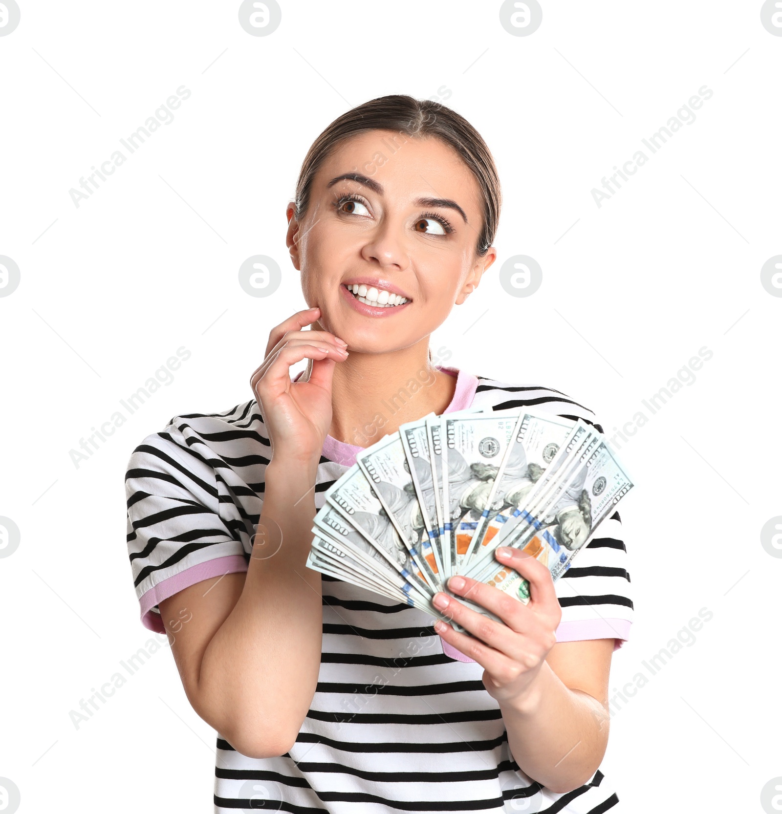 Photo of Portrait of young woman holding money banknotes on white background