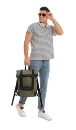 Photo of Man with backpack and headphones on white background. Summer travel