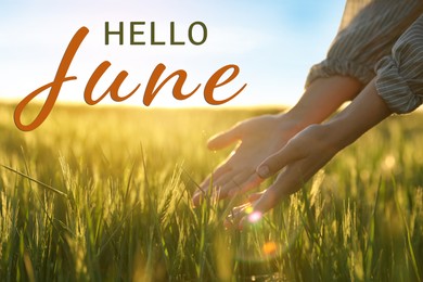 Hello June. Woman in field on sunny day, closeup