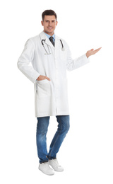 Full length portrait of doctor on white background