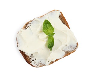 Photo of Bread with cream cheese and basil isolated on white, top view