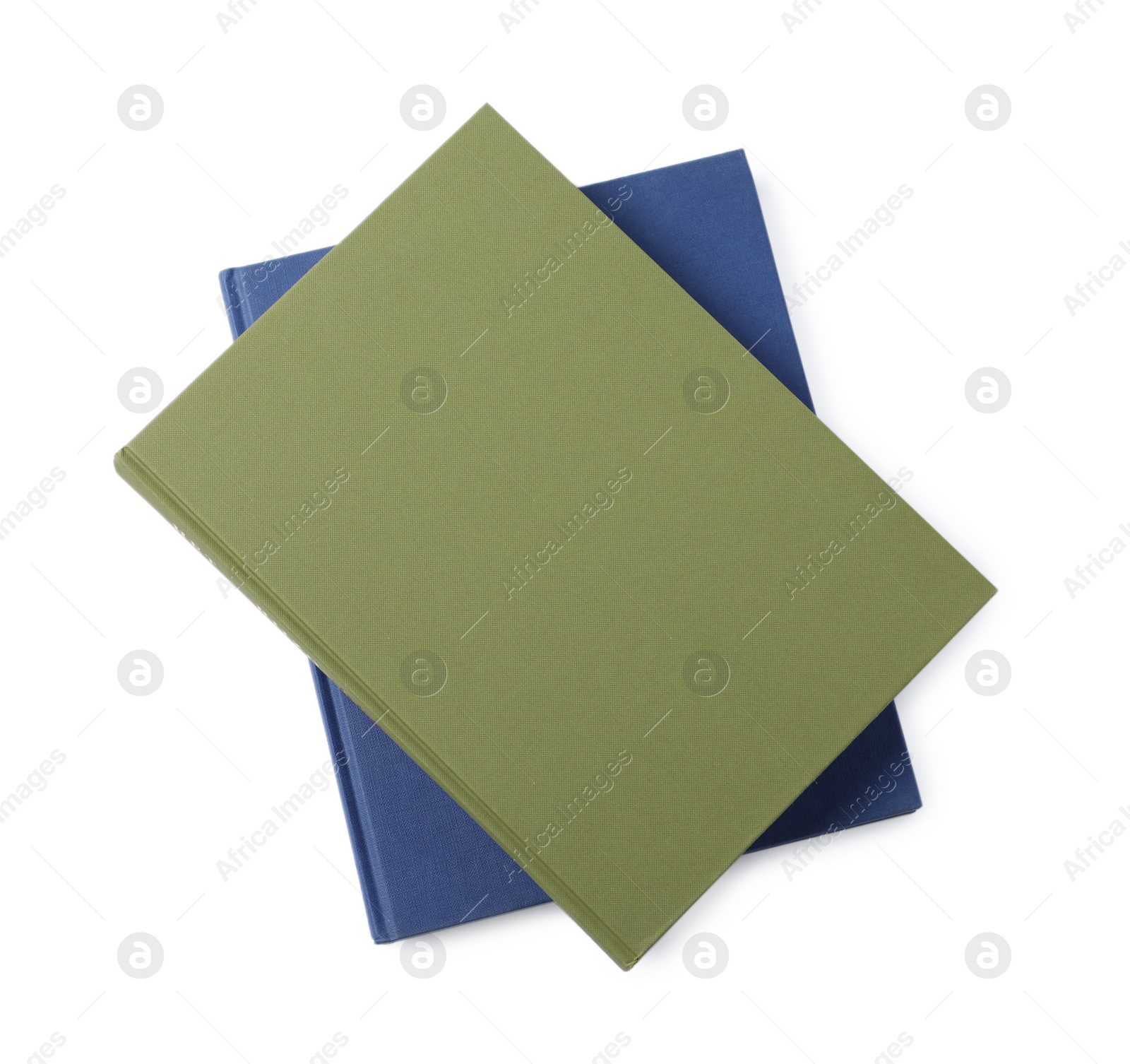 Photo of Stack of hardcover books isolated on white, top view