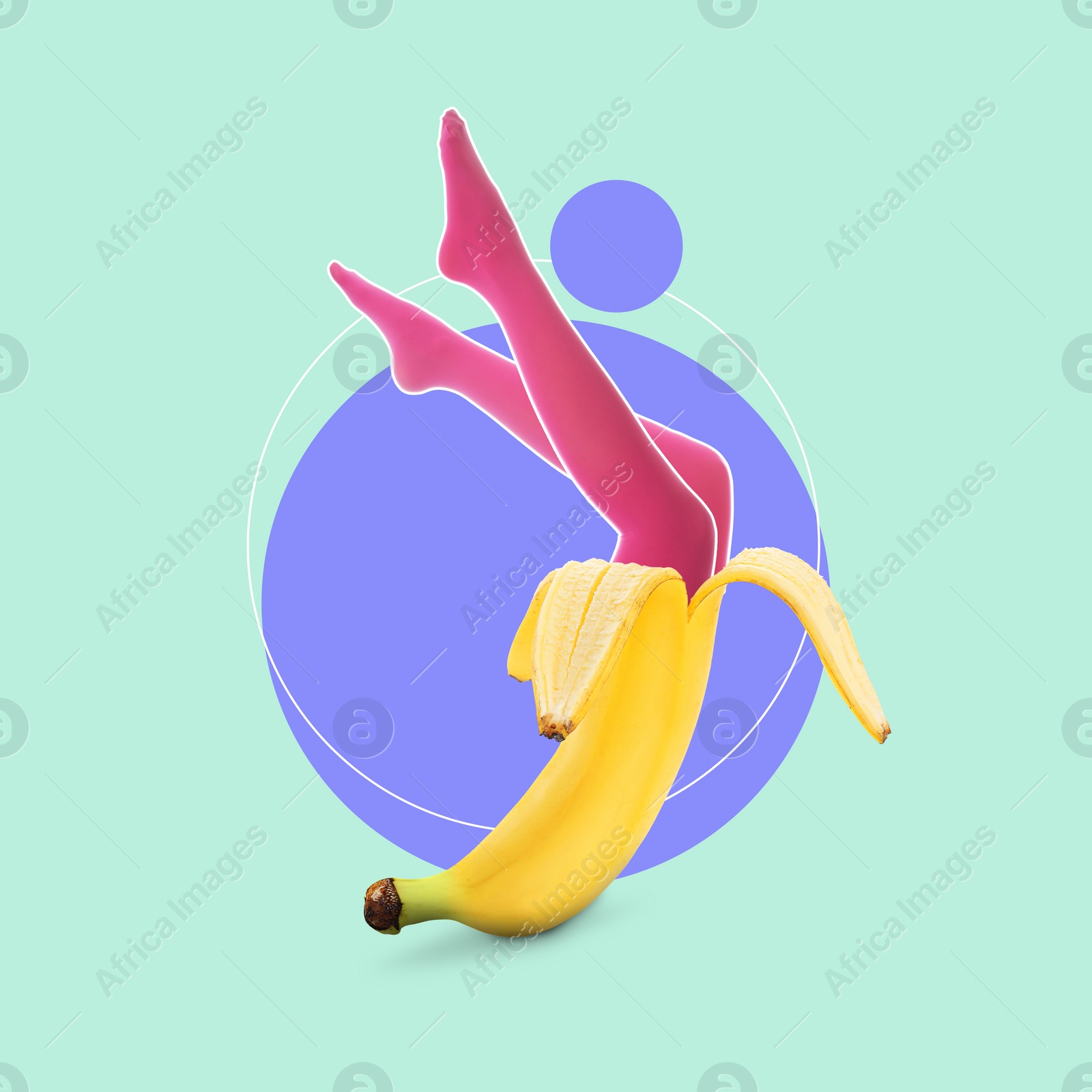 Image of Banana woman in pink tights on colorful background. Summer party concept. Bright creative collage design