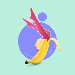 Banana woman in pink tights on colorful background. Summer party concept. Bright creative collage design