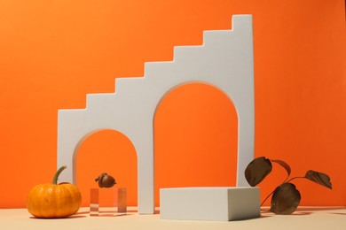 Photo of Autumn presentation for product. Geometric figures, branch, acorn and pumpkin on color background