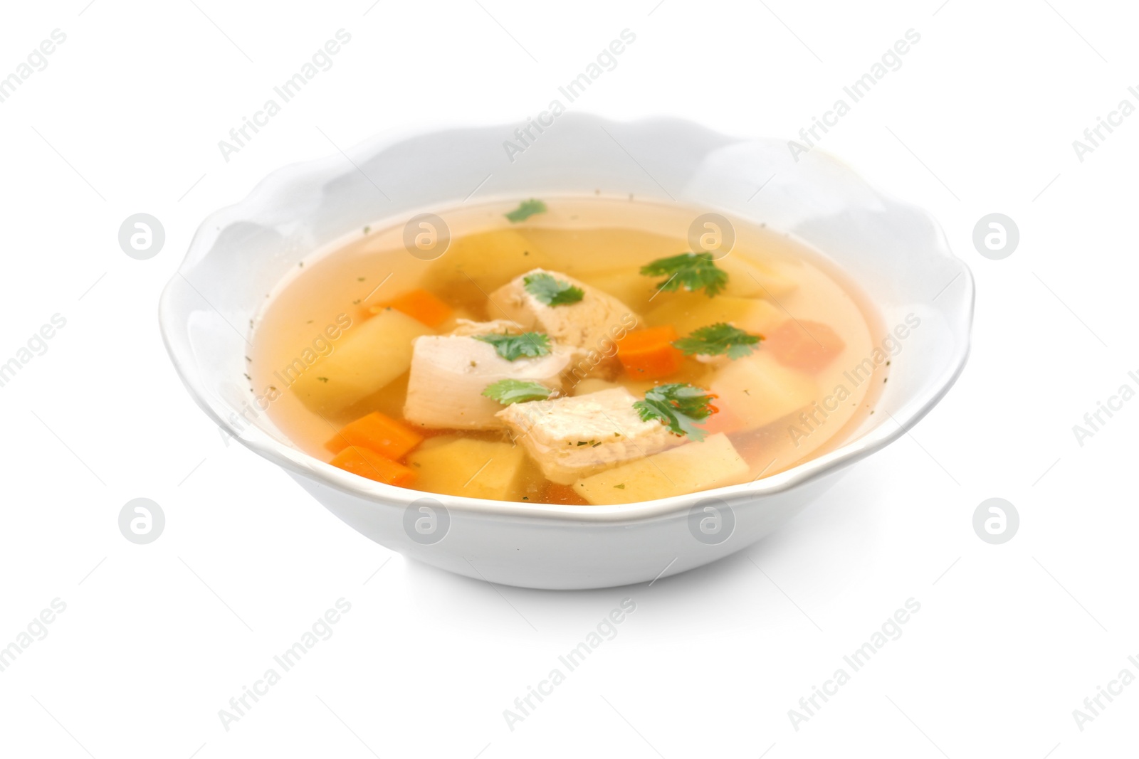 Photo of Dish with fresh homemade chicken soup on white background