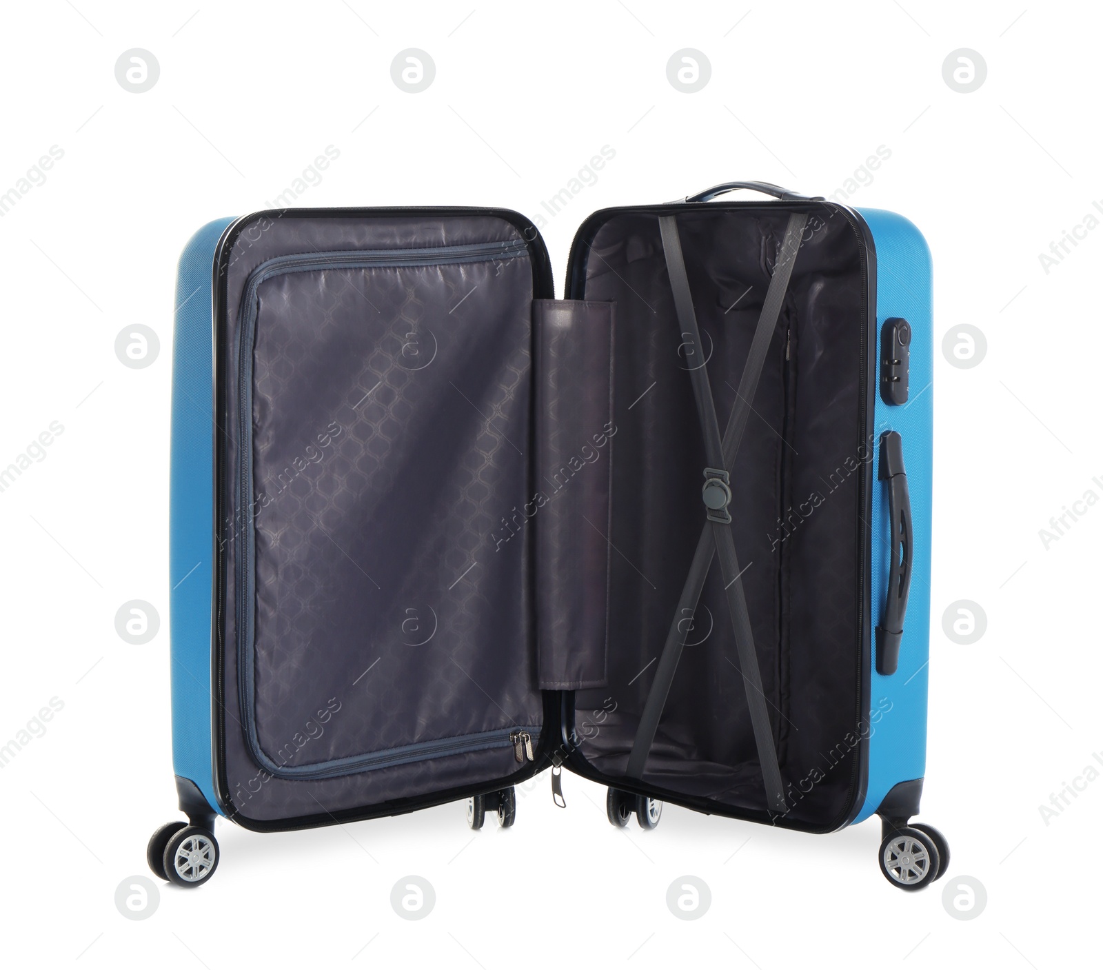 Photo of Open suitcase for travelling on white background